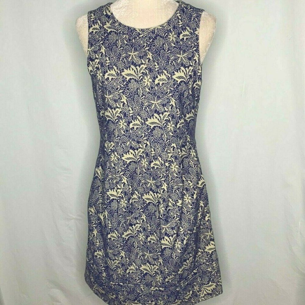 Floral Jacquard Shift Dress Blue Cream Lined
